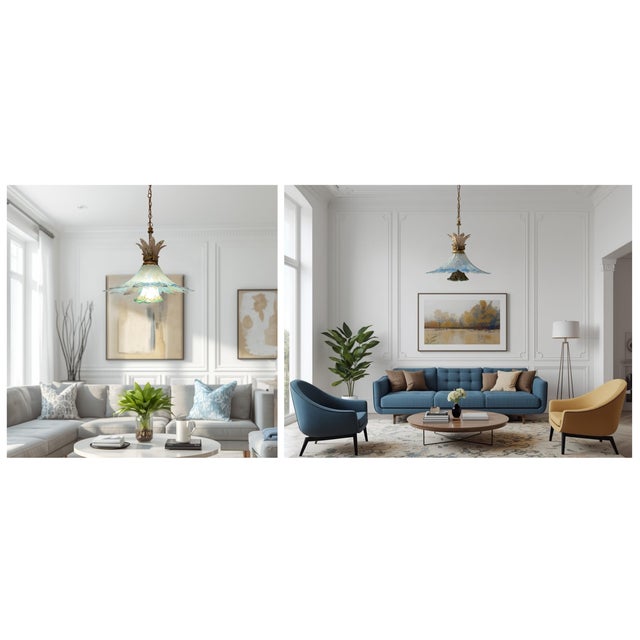 Baby Blue Vintage 3 Tiered Murano Art Glass 20 In. Wide Abstract Clematis Petal Pendant Lamp For Sale - Image 8 of 18