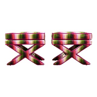 Vintage 1970's Billy Baldwin Style X-Leg Ottomans in Italian Striped Velvet For Sale