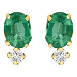 18K Yellow Gold Oval Green Emerald and Diamond Double Drop Stud Earrings, Pair For Sale