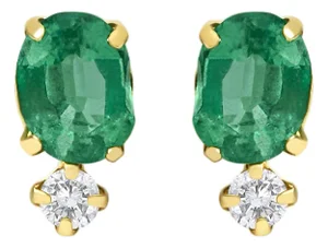 18K Yellow Gold Oval Green Emerald and Diamond Double Drop Stud Earrings, Pair