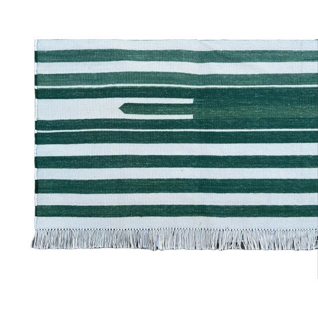 Not Yet Made - Made To Order Handmade Cotton Natural Vegetable Dyed Reversible Forest Green White Striped Rug Dhurrie - 10'x14' For Sale - Image 10 of 11