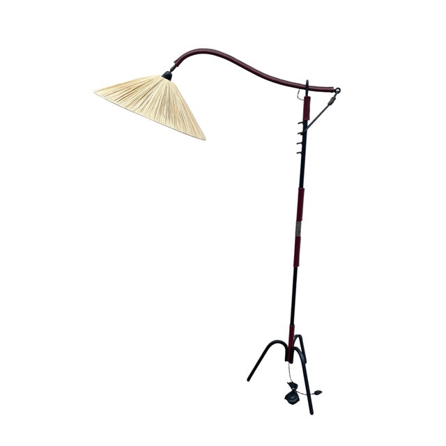 Adjustable Floor Lamp in Metal Covered with Burgundy Leather by Jacques Adnet, 1950 For Sale - Image 10 of 10
