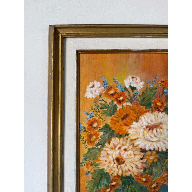 1980s Vintage J. Romero Floral Still Life Oil on Artist Board Painting, Gold Wood Framed For Sale In Miami - Image 6 of 13