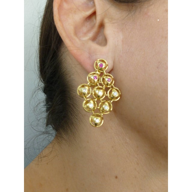 Modern French 18 Karat Gold, Ruby and Diamond Chandelier Lever Back Pierced Earrings - 2 Pieces For Sale - Image 3 of 12