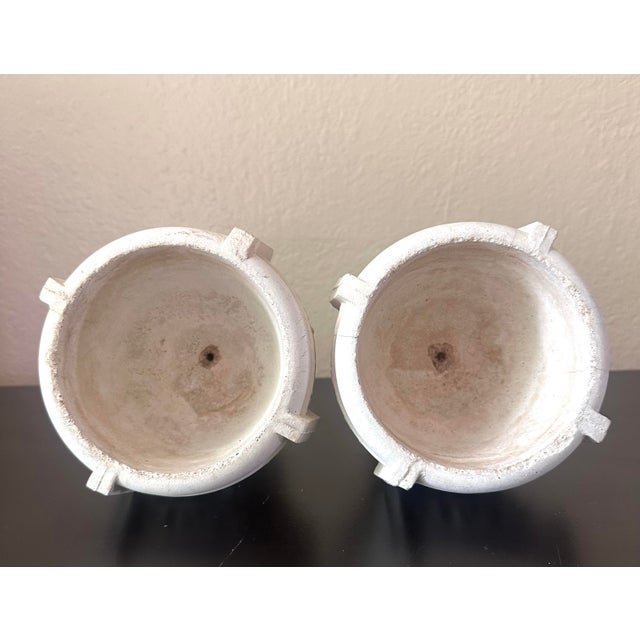 Off-white Vintage Concrete Pedestal Urn Planters – Greek Key Grapevine Garden Jardinières - A Pair For Sale - Image 8 of 12