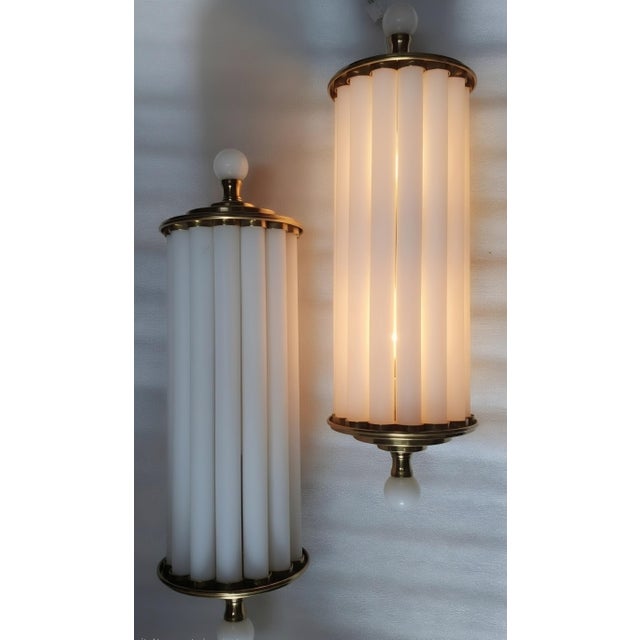 Vintage Art Deco Light Old Lamp Wall Sconces Fixture Brass & Milk Glass Rod Ship Light - Pair For Sale - Image 4 of 5