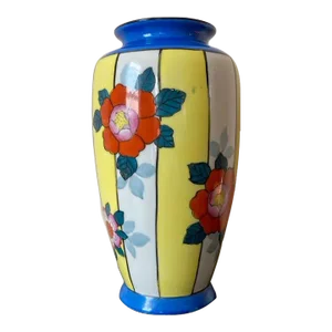 Asian Modern Yellow and Blue Japanese Porcelain Floral Vase by Tashiro Shoten, Signed