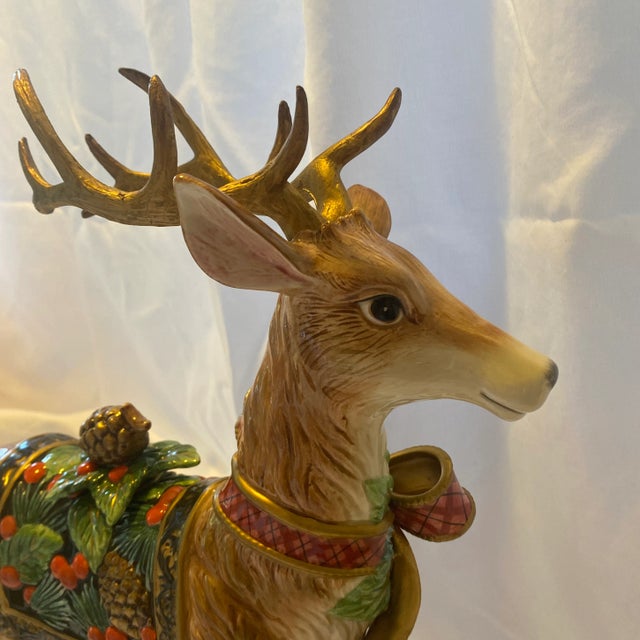 Chocolate 1990s Fitz and Floyd Holiday Pine Standing Reindeer Candle Holder Retired For Sale - Image 8 of 11