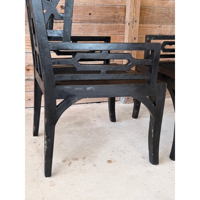 Black GuildMaster Chinoiserie Black Wood Geometric Fretwork High Back Armchairs – Pair For Sale - Image 8 of 12