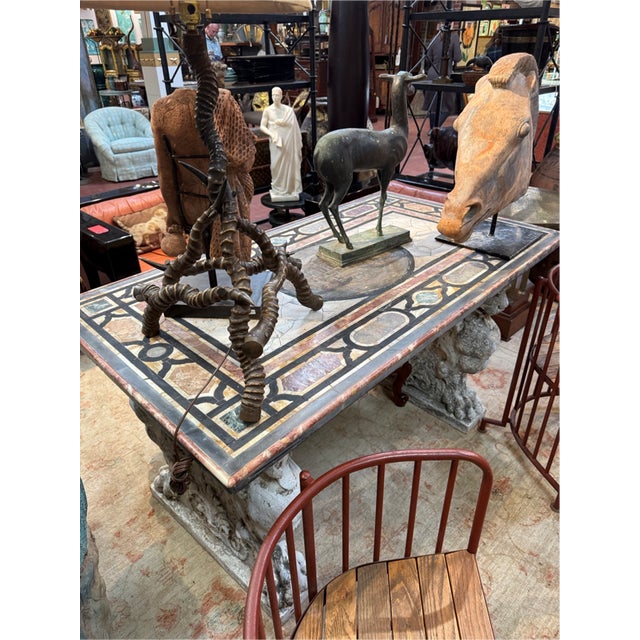 Mid 20th Century Mid 20th Century Italian Pietra Dura Marble Inlay Table With Ornate Carved Stone Pedestal For Sale - Image 5 of 5