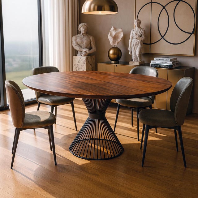 Wood Ora Round Dining Table in Wood and Powder-Coated Steel Base by Greyge For Sale - Image 7 of 10