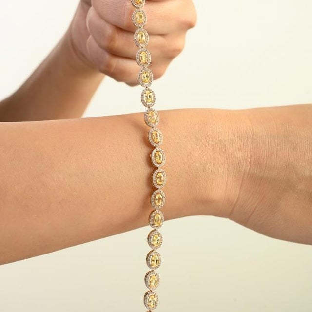 Yellow Luxury 5.76 Ct Yellow Sapphire & Diamond Halo Tennis Bracelet in 14k Yellow Gold For Sale - Image 8 of 13