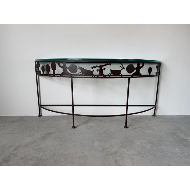 Striking 1980’s demilune console table inspired by the iconic Taos aesthetic of Rosemary Pozzi Franzetti. Crafted from...