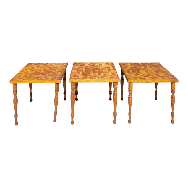 1960s Mid-Century Modern Oak Parquet Cocktail Tables or Plant Stands, 3 Pieces For Sale