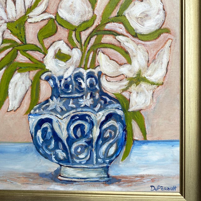 Original Art Floral Still Life With Chinoiserie Vase, Oil on Canvas in Brushed Gold Frame, 14.5" X 14.5" by Tatiana Duperault For Sale - Image 4 of 4