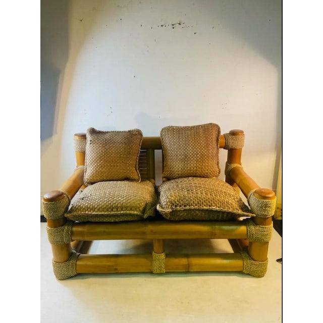 Substantial Organic Modernist Design Composed Of Bamboo and Sisal In A Great Settee With Woven Textile Cushions Designed...