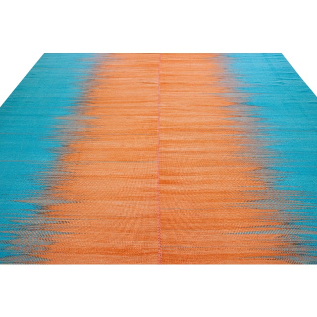 Abstract Modern Kilim Flatweave Abstract Designed Blue and Orange Wool Rug For Sale - Image 3 of 10