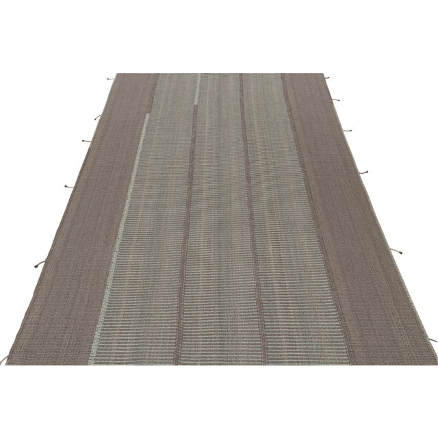 Contemporary Rug & Kilim’s Contemporary Kilim in Gray and Blue Stripes With Brown Accents For Sale - Image 3 of 7