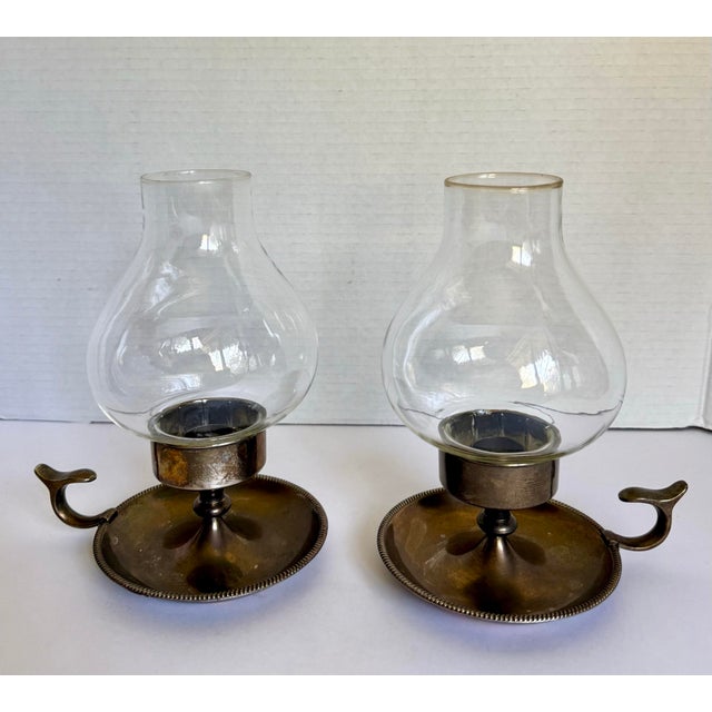 Bronze Pair of Vintage Chamberstick Candle Holders With Glass Chimneys and Finger Handles For Sale - Image 8 of 8