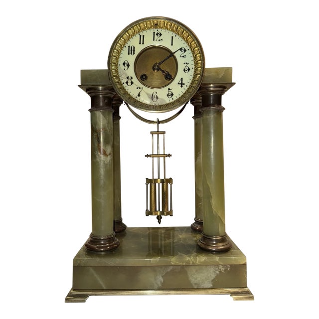 19th Century French Green Onyx Portico Mantel Clock For Sale