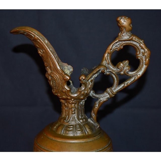 Brown Antique Victorian Cast Metal Ewer Pitcher 12.5” Ornate Bacchus Grape Vines Urn For Sale - Image 8 of 15