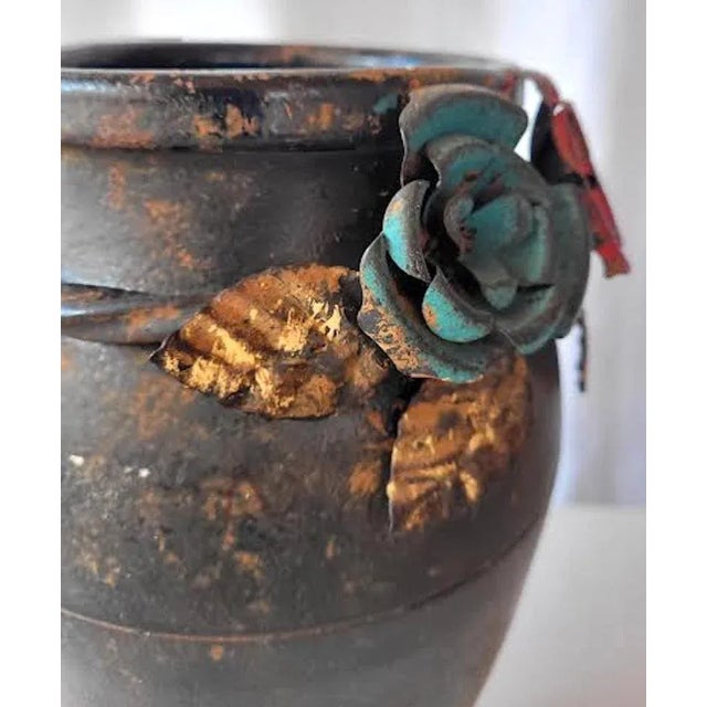 Metal Vintage Rustic Metal Vase With Metal Painted Flowers For Sale - Image 7 of 10