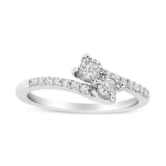 Contemporary 10K White Gold 1/4 Cttw Miracle Set Round Cut Diamond Two-Stone Ring (H-I Color, I2 Clarity) - Size 7.5 For Sale - Image 3 of 6