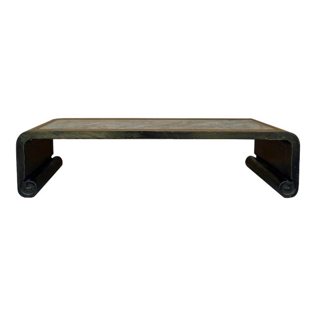 Distressed Black Lacquer Stone Top Scroll Legs Rectangular Coffee Table For Sale