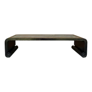 Distressed Black Lacquer Stone Top Scroll Legs Rectangular Coffee Table