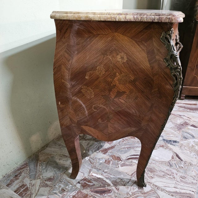 French Inlaid Chest of Drawers with Marble, 1940s For Sale - Image 6 of 9