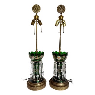 Antique Emerald Green Glass Luster Table Lamps With Crystal Prisms - a Pair For Sale