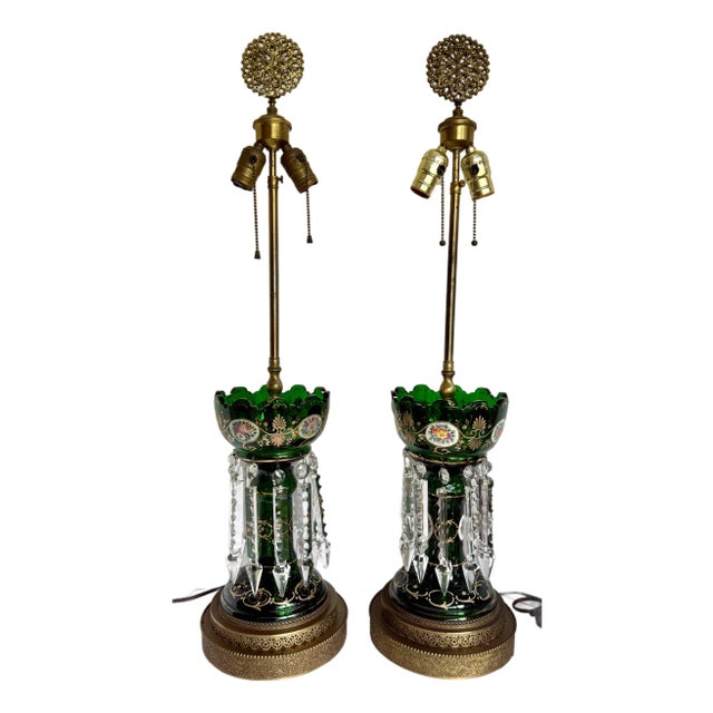 Antique Emerald Green Glass Luster Table Lamps With Crystal Prisms - a Pair For Sale