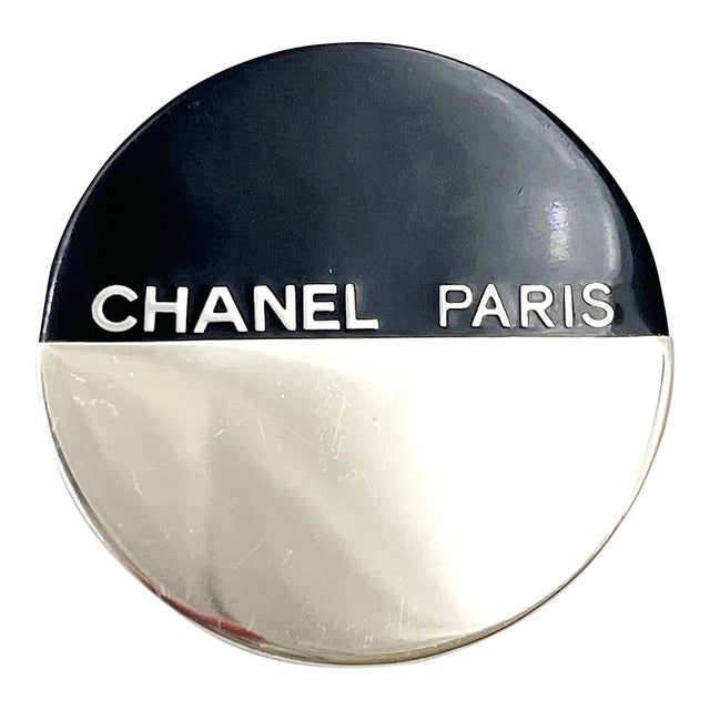 Chanel Silver Black CC Half Half Round Brooch For Sale