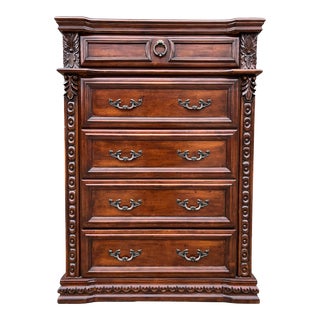 Traditional 5-Drawer Cherry Tall Dresser With Carved Molding and Silver Pulls For Sale
