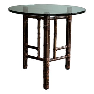 Vintage McGuire Attributed Bamboo Rattan Round Glass Top Side / Center Table For Sale