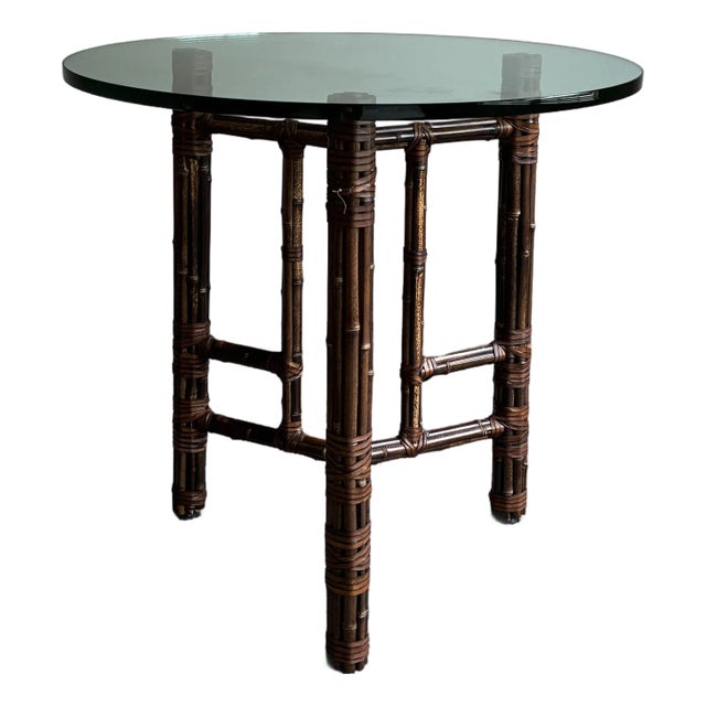 Vintage McGuire Bamboo Rattan Round Glass Top Side / Center Table For Sale