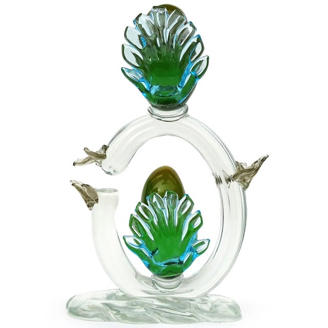 Salviati Murano Vintage Sommerso Green Yellow Birds Blue