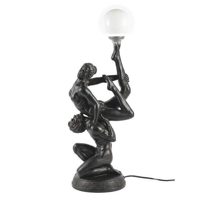 Art Deco 1970s Sculptural Vintage Art Deco–Style Figural Dancer Globe Table Lamp For Sale - Image 3 of 9