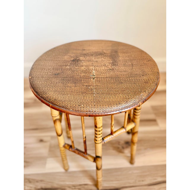 Antique English Tortoiseshell Bamboo Side Table, Woven Rush Top For Sale In Chicago - Image 6 of 12
