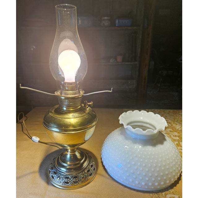American Bradley and Hubbard 1880's "Patent Applied For", Hobnail Milk Glass "Ring of Fire"' Shade For Sale - Image 3 of 18