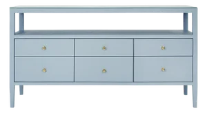 Matthew Izzo Home Jordan Painted Blue Linen Six Drawer Console Table With One Open Shelf, Glass Top, and Brass Knobs