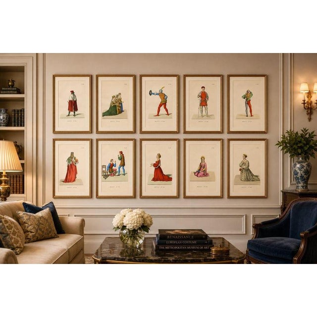 P. Mercuri, Medieval Courtly Costumes and Figures, 1845, Lithograph, Set of 10 For Sale - Image 13 of 14