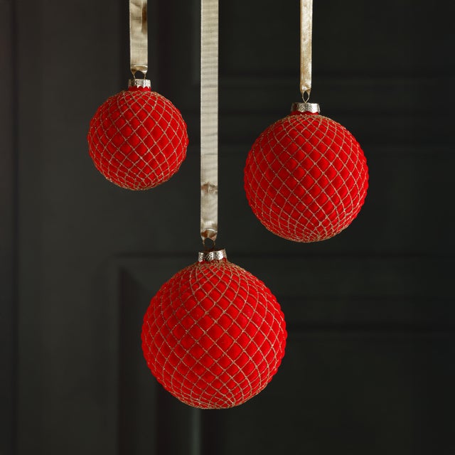 Contemporary Flocked Red + Gold Ball Ornaments, Set of 6, 4" For Sale - Image 3 of 3