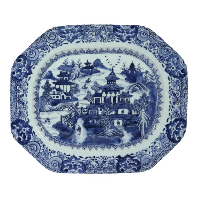 Grand River Landscape: Chinese Export Blue & White Porcelain Large Platter For Sale