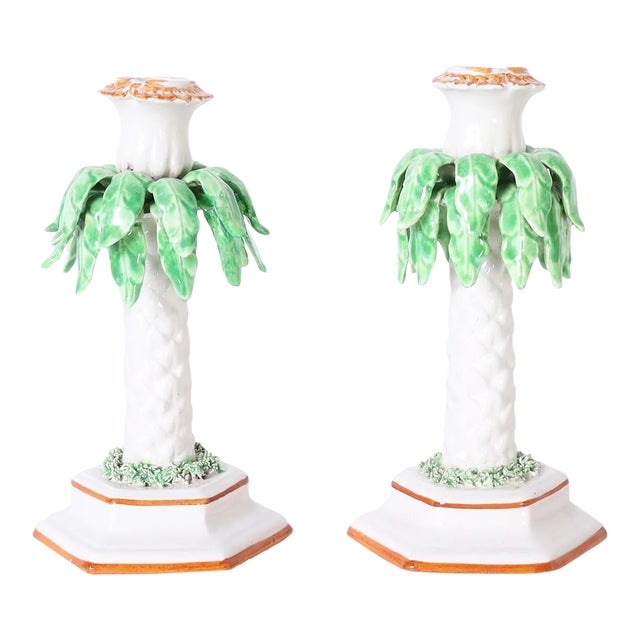Pair of Italian Porcelain Palm Tree Candlesticks For Sale
