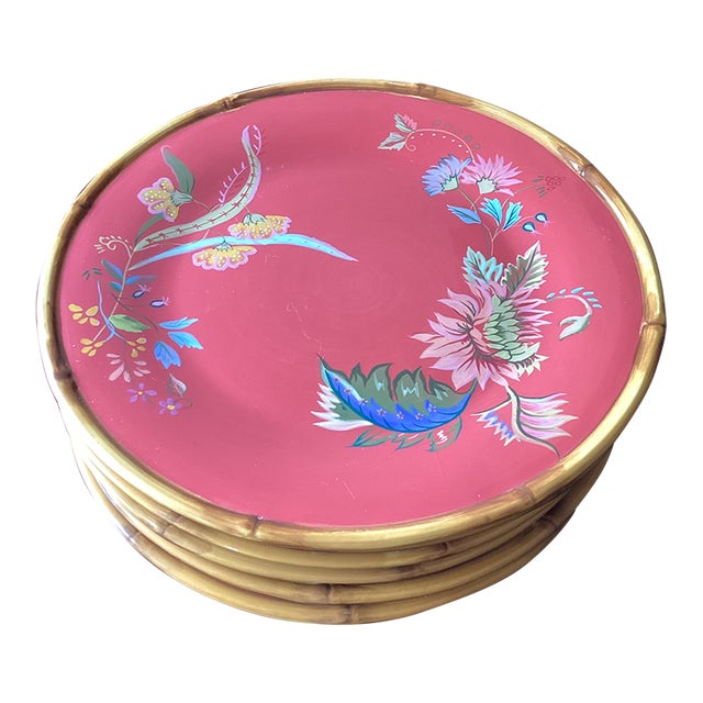 Set of 6 Tracy Porter Hand Painted Floral and Bamboo Dinner Plates From the Artisan Road Collection For Sale