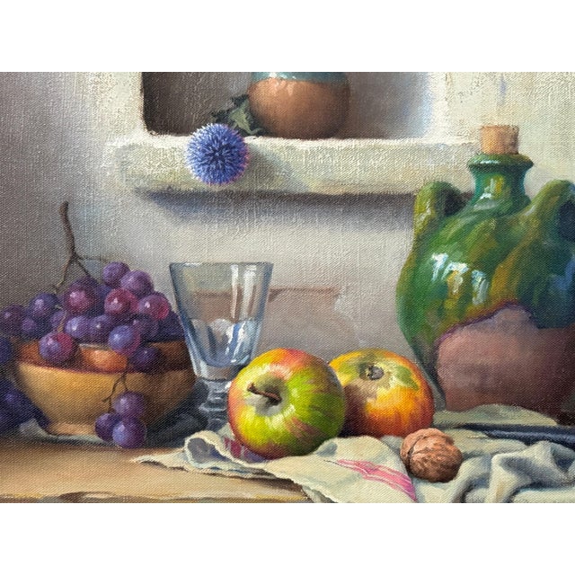 Still Life with Flowers & Fruit in a French Farmhouse Interior by French Artist 1992 Circa For Sale - Image 13 of 13