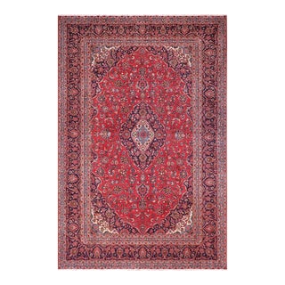 Shabby Chic Persian Kashan Red/Blue Wool Rug - 9'3'' X 13'1'' For Sale