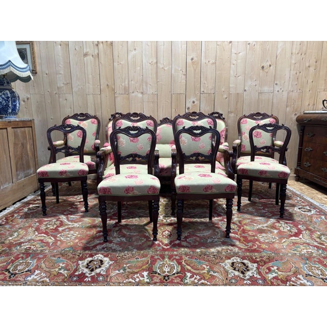 Napoleon III 9-Piece Living Room Set in Mahogany with Rose Fabric For Sale - Image 9 of 11