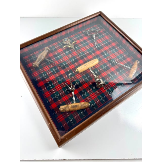 Wood Vintage Framed Antique Corkscrew Collection on Tartan, One-of-a-Kind Yesteryear Los Angeles LTD Display For Sale - Image 7 of 11